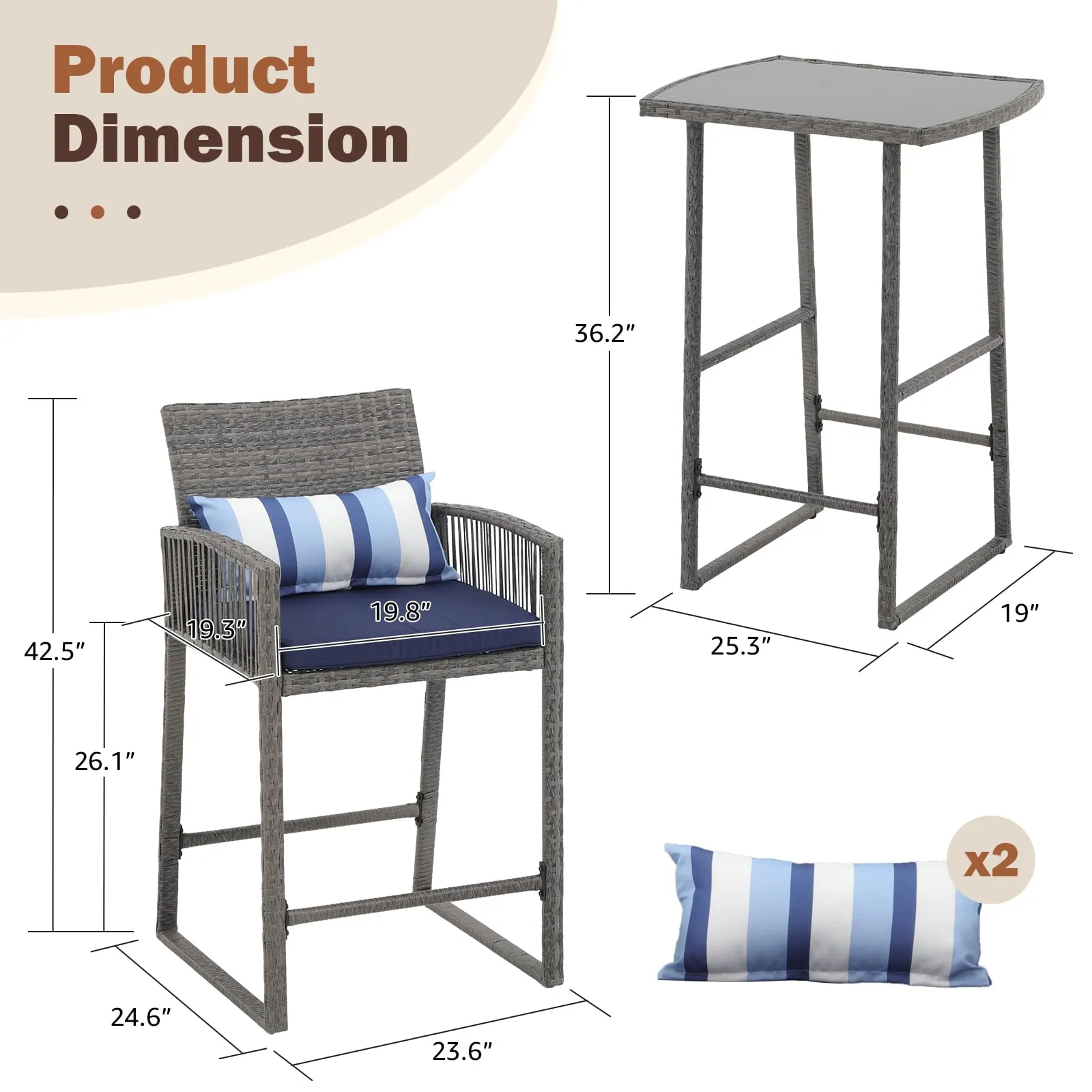SUNSITT 3-Piece Outdoor Wicker Bar Height Table Set, 2 Bar Stools and 1 Pub Table with 2 Striped Pillows, Grey Rattan, Blue Seat Cushions, Steel Frame