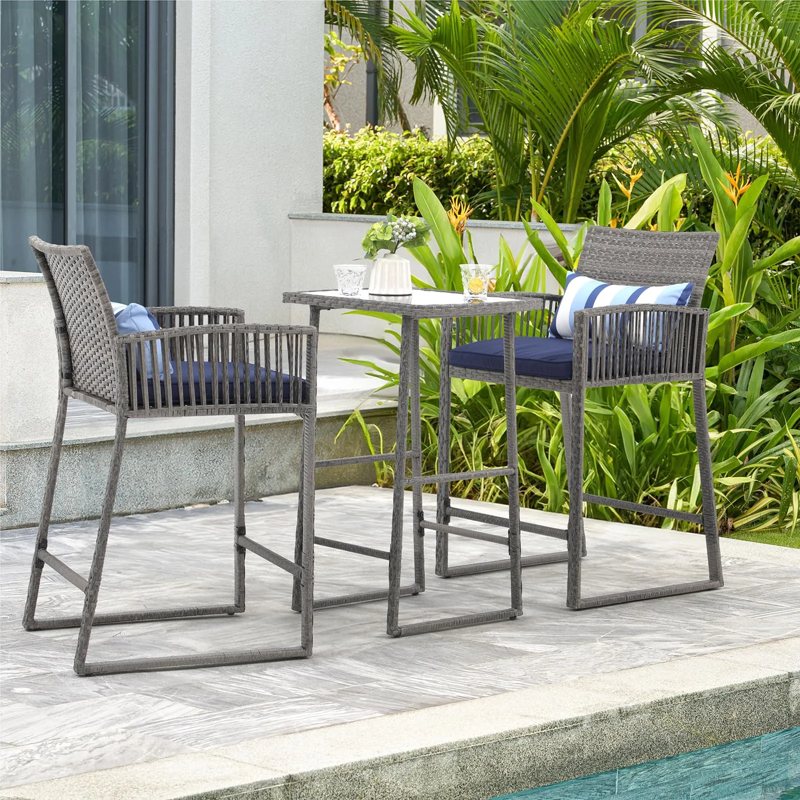 SUNSITT 3-Piece Outdoor Wicker Bar Height Table Set, 2 Bar Stools and 1 Pub Table with 2 Striped Pillows, Grey Rattan, Blue Seat Cushions, Steel Frame