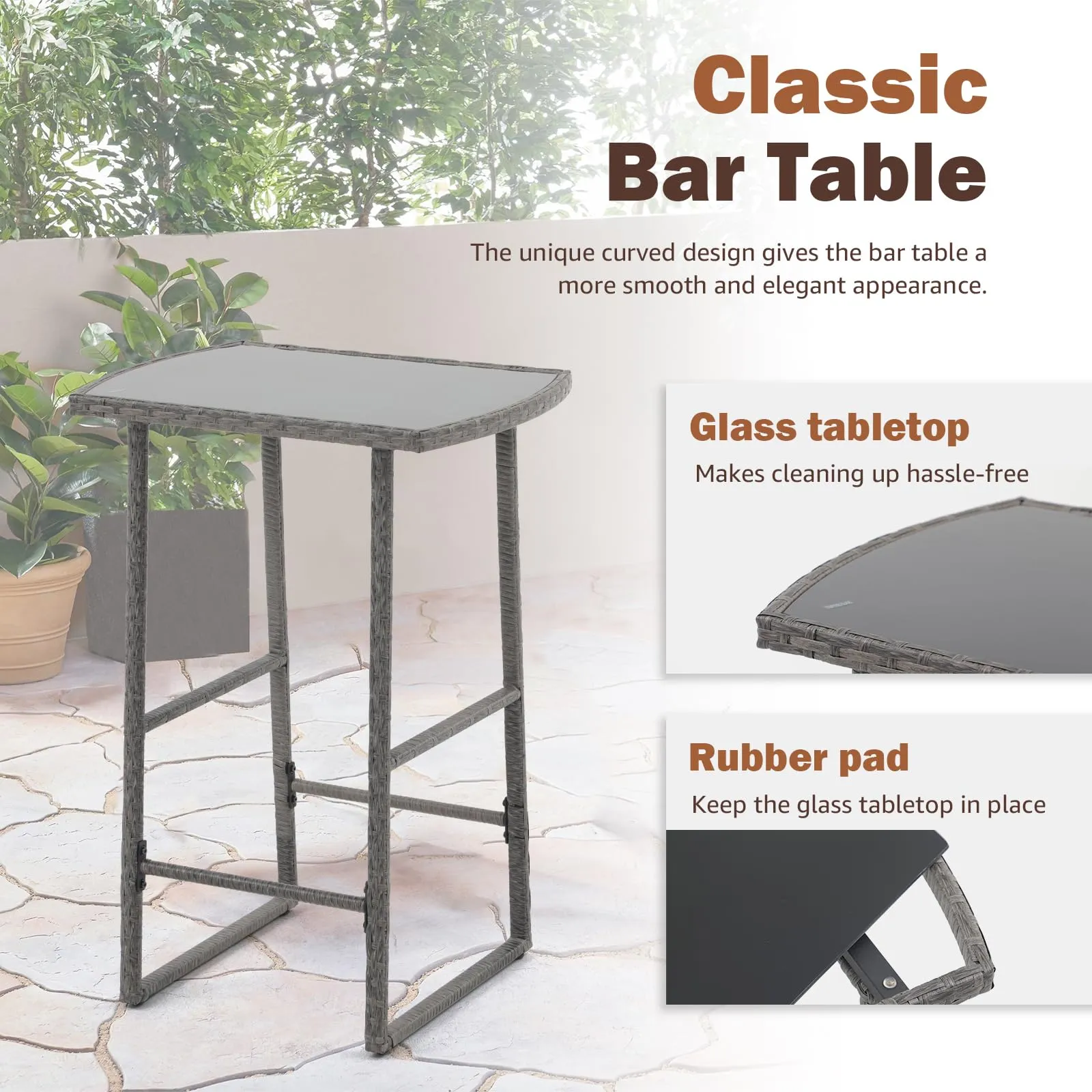 SUNSITT 3-Piece Outdoor Wicker Bar Height Table Set, 2 Bar Stools and 1 Pub Table with 2 Striped Pillows, Grey Rattan, Blue Seat Cushions, Steel Frame