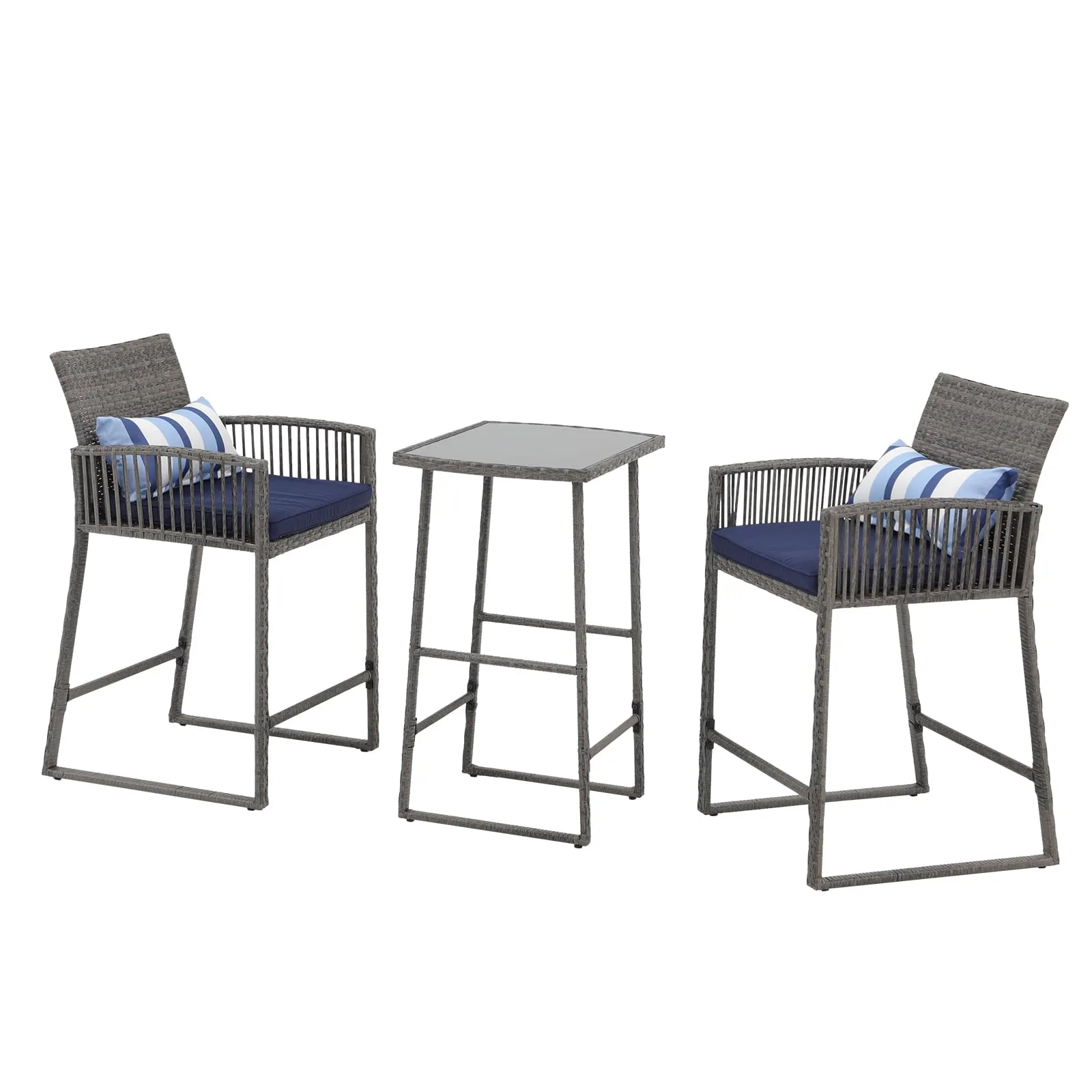 SUNSITT 3-Piece Outdoor Wicker Bar Height Table Set, 2 Bar Stools and 1 Pub Table with 2 Striped Pillows, Grey Rattan, Blue Seat Cushions, Steel Frame