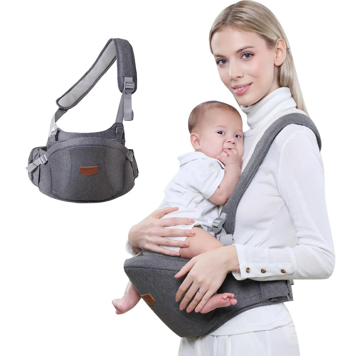 SUNVENO Baby Hip Seat Carrier, Ergonomic Waist Seat with Adjustable Strap Pockets Soft Base Front Carrier for 3-36 Month Baby, Grey