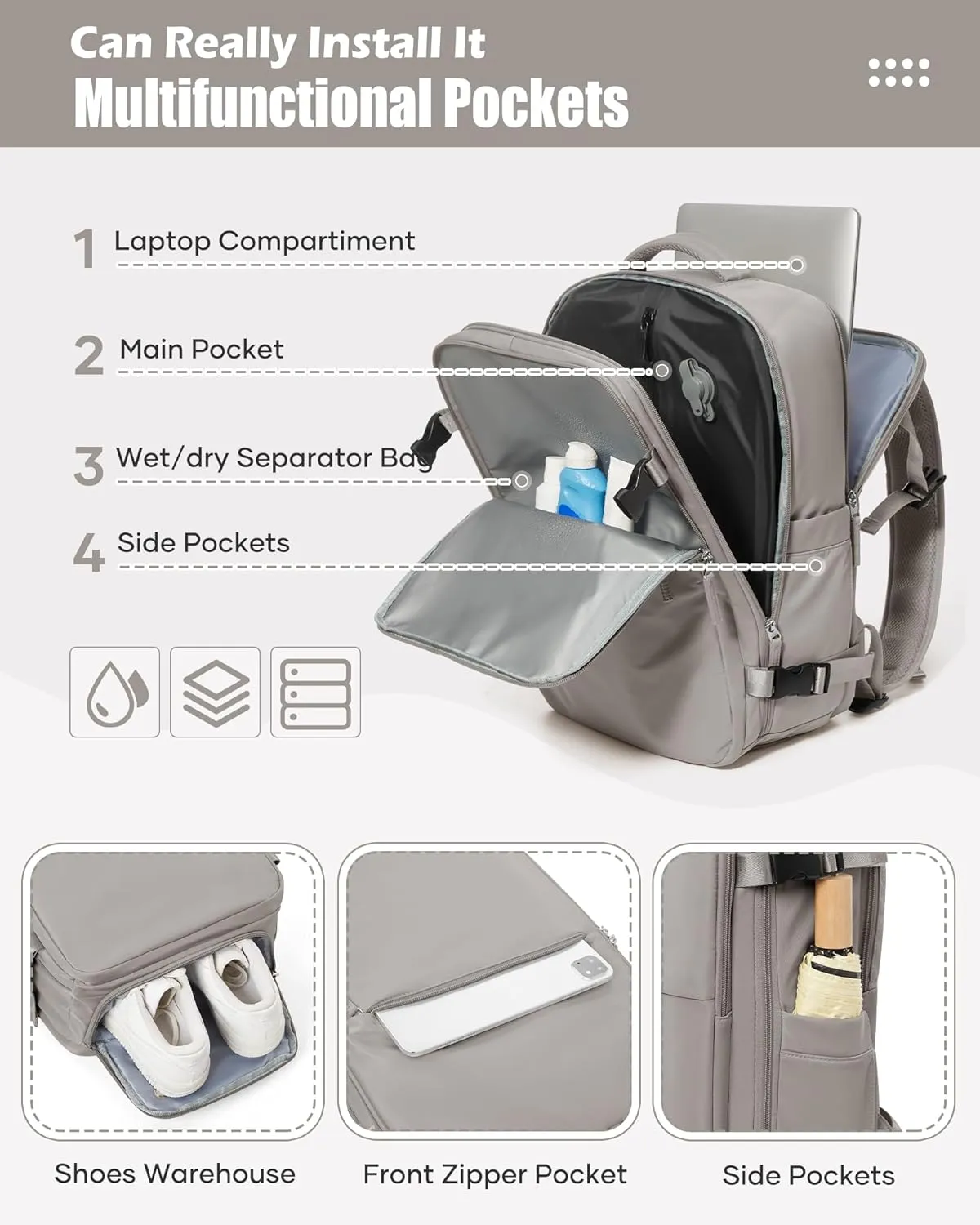 suradar Vacuum Seal Compression Travel Backpack for Women Men Airback Vacpack Travel Vacuum Bags with Pump Laptop Backpack with Shoe Compartment Carry On Suitcase Luggage Flight Approved Grey Brown