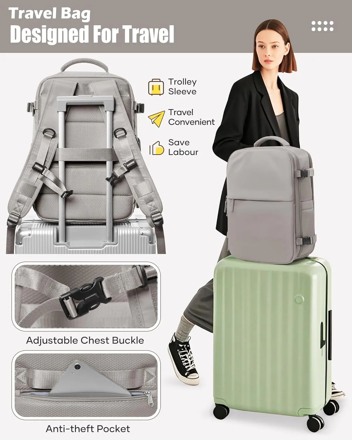 suradar Vacuum Seal Compression Travel Backpack for Women Men Airback Vacpack Travel Vacuum Bags with Pump Laptop Backpack with Shoe Compartment Carry On Suitcase Luggage Flight Approved Grey Brown