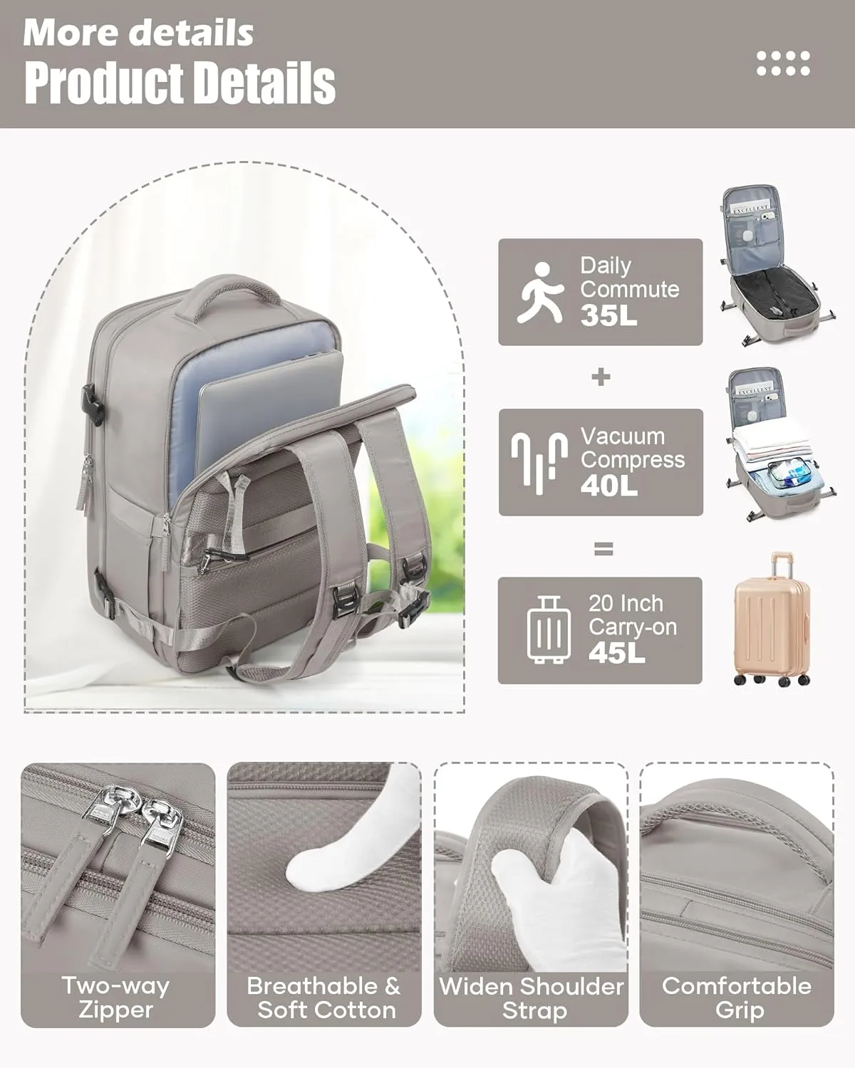suradar Vacuum Seal Compression Travel Backpack for Women Men Airback Vacpack Travel Vacuum Bags with Pump Laptop Backpack with Shoe Compartment Carry On Suitcase Luggage Flight Approved Grey Brown