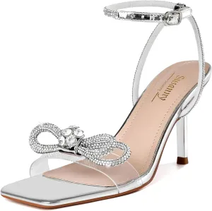 Susanny Women's Closed Toe Rhinstone Wedding Low Heel Slingback Clear Kitten Heels,Adjustable Strap Pointed Toe Bow Pumps High Heeled Prom Dress Shoes