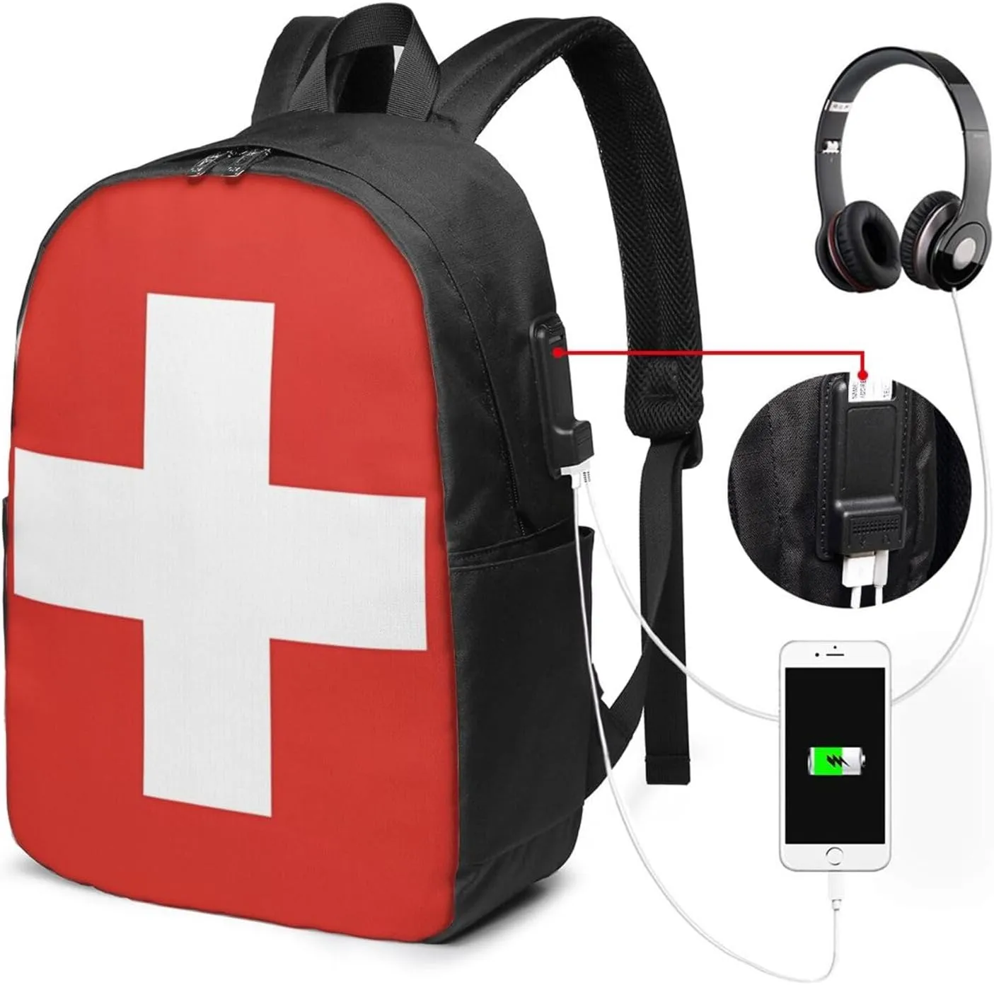 Switzerland Swiss Flag Laptop Backpacks Travel Backpack Casual Business Daypack Sport Rucksack Computer Bag Fits up to 17 Inch Notebook with USB Port