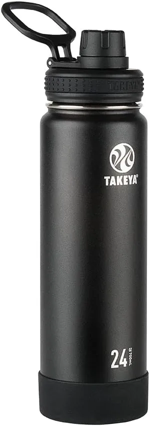 Takeya Actives Insulated Stainless Steel Water Bottle with Spout Lid, 24 oz, Onyx & Actives Straw Lid for Insulated Water Bottle, Wide Mouth, Onyx