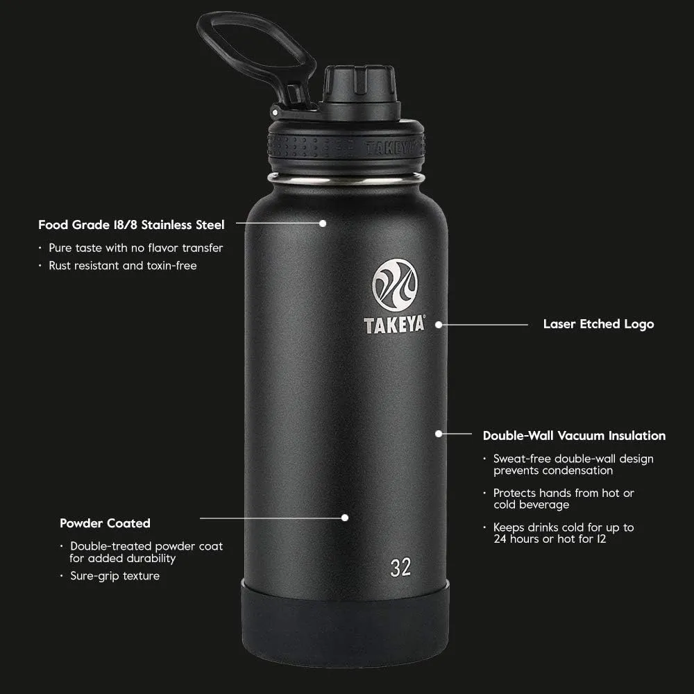 Takeya Actives Insulated Stainless Steel Water Bottle with Spout Lid, 24 oz, Onyx & Actives Straw Lid for Insulated Water Bottle, Wide Mouth, Onyx