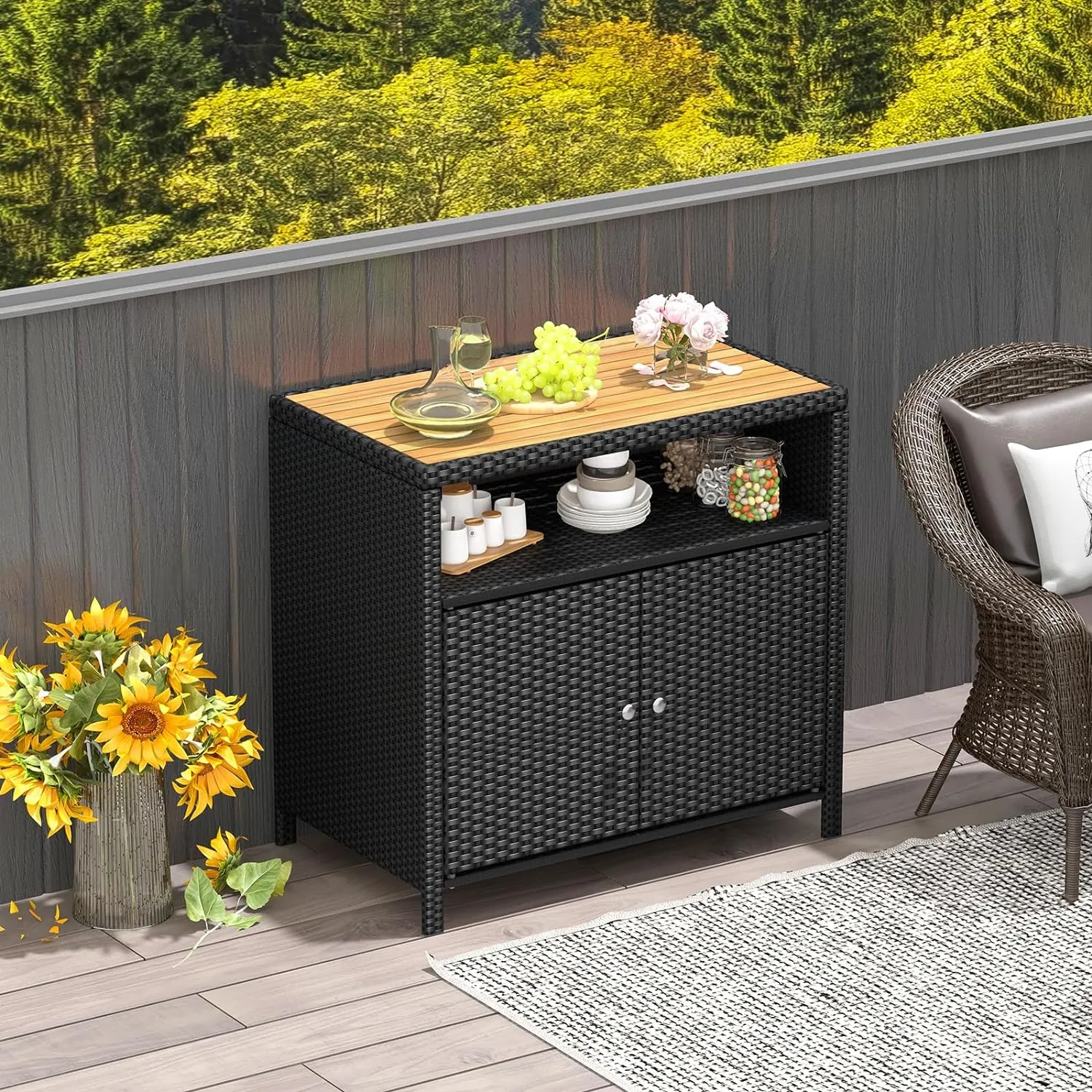 Tangkula Rattan Outdoor Storage Cabinet, Patiojoy Outdoor Cabinet with Acacia Wood Countertop, Open Compartment, 2-Door Wicker Sideboard, Outdoor Bar for Patio Garden Backyard Poolside (Black)
