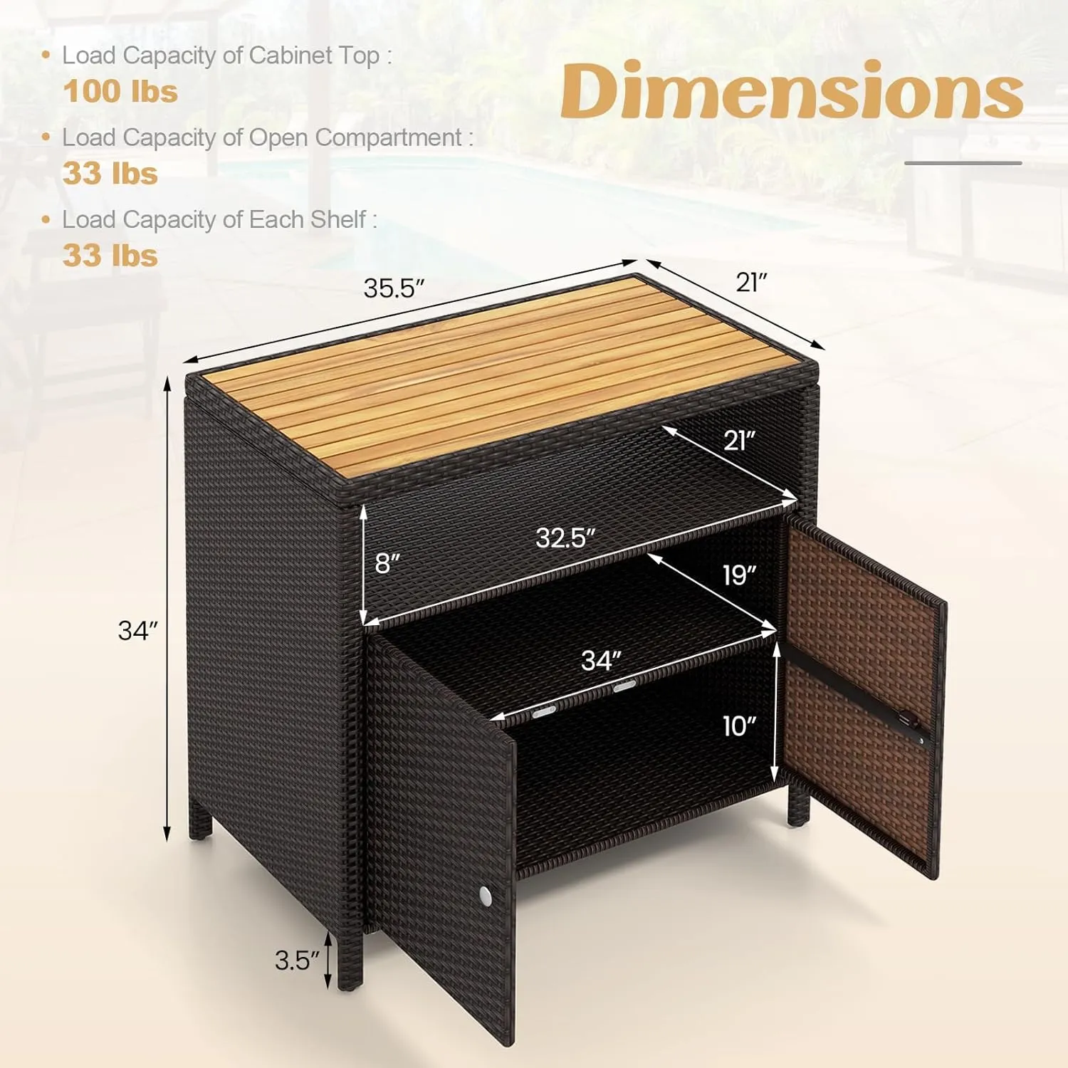 Tangkula Rattan Outdoor Storage Cabinet, Patiojoy Outdoor Cabinet with Acacia Wood Countertop, Open Compartment, 2-Door Wicker Sideboard, Outdoor Bar for Patio Garden Backyard Poolside (Mix Brown)