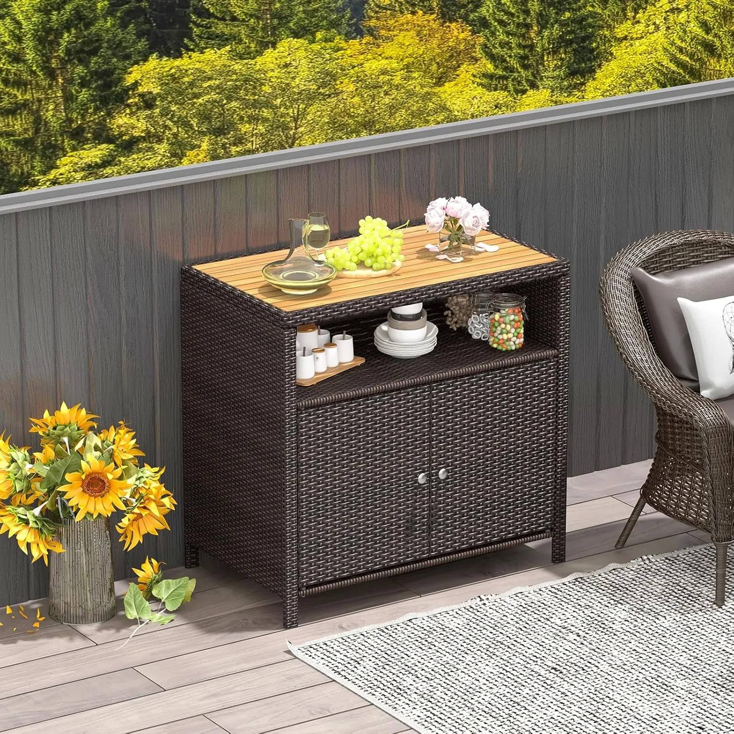 Tangkula Rattan Outdoor Storage Cabinet, Patiojoy Outdoor Cabinet with Acacia Wood Countertop, Open Compartment, 2-Door Wicker Sideboard, Outdoor Bar for Patio Garden Backyard Poolside (Mix Brown)
