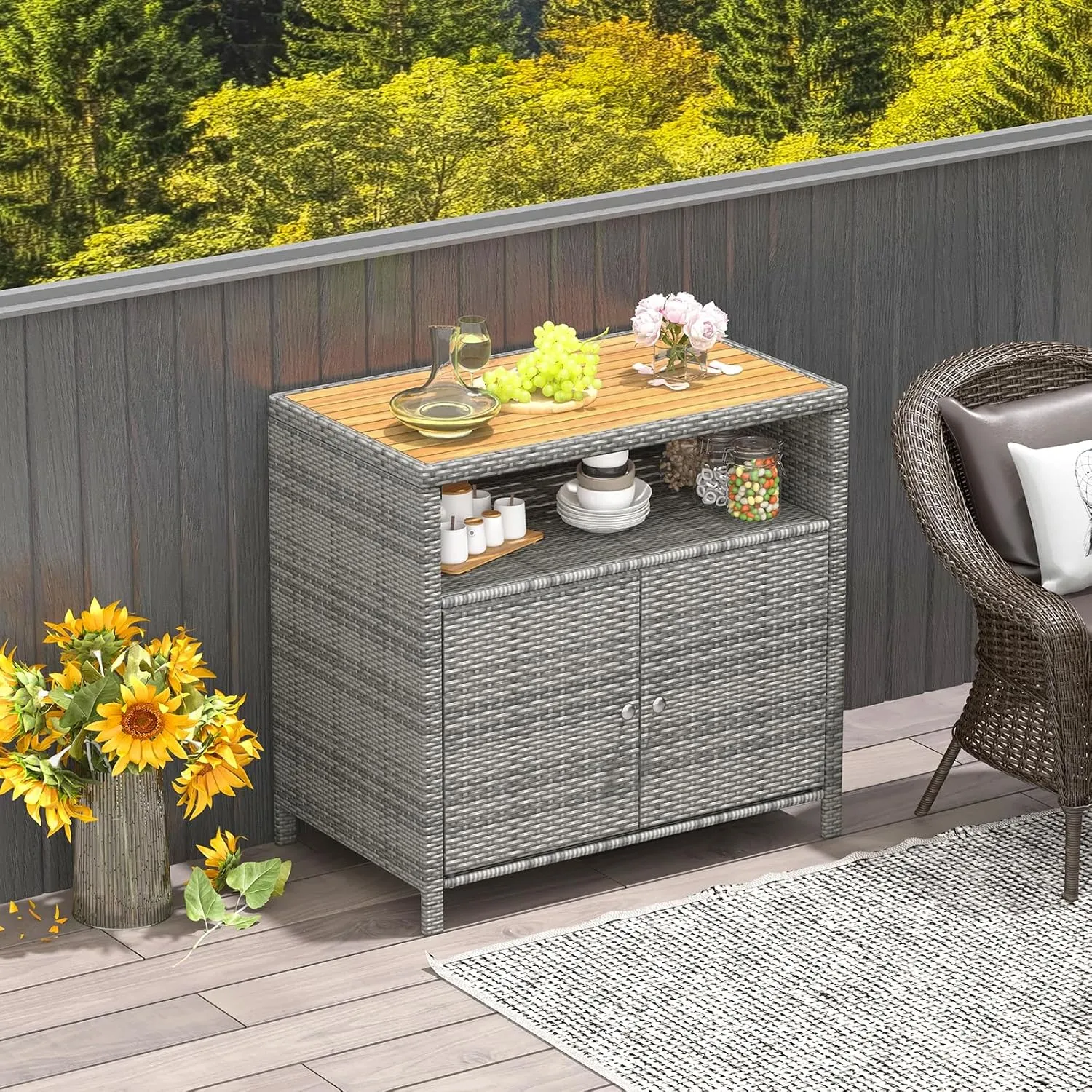 Tangkula Rattan Outdoor Storage Cabinet, Patiojoy Outdoor Cabinet with Acacia Wood Countertop, Open Compartment, 2-Door Wicker Sideboard, Outdoor Bar for Patio Garden Backyard Poolside (Mix Grey)