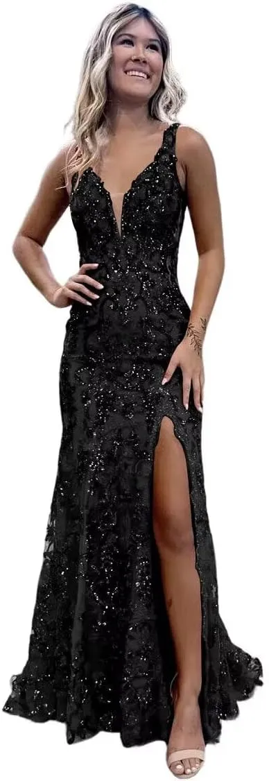 Teens' Mermaid Sequin Prom Dresses Long with Slit 2025 V Neck Lace Formal Evening Gowns VS057