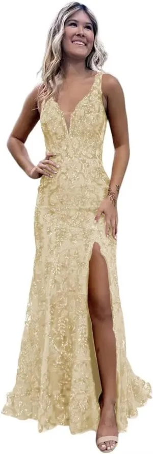 Teens' Mermaid Sequin Prom Dresses Long with Slit 2025 V Neck Lace Formal Evening Gowns VS057