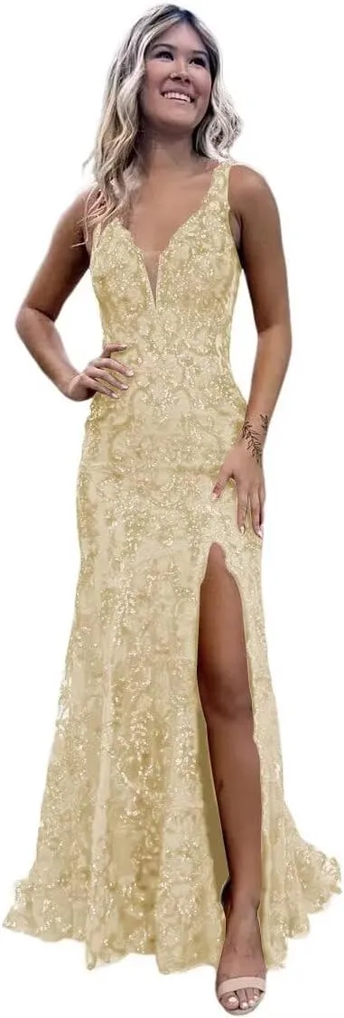 Teens' Mermaid Sequin Prom Dresses Long with Slit 2025 V Neck Lace Formal Evening Gowns VS057