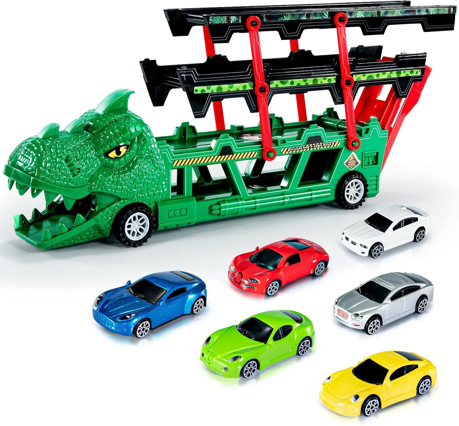 TEMI Dinosaur Truck Toy with 6 Diecast Race Cars for 2 3 4 5 6 Years Old Toddler Boys, Dino Storage Carrier with 4 Expandable Levels, Features A Built-in Cars Launcher, Gift for Preschool Kids