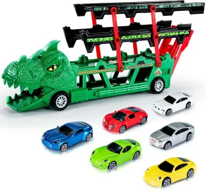TEMI Dinosaur Truck Toy with 6 Diecast Race Cars for 2 3 4 5 6 Years Old Toddler Boys, Dino Storage Carrier with 4 Expandable Levels, Features A Built-in Cars Launcher, Gift for Preschool Kids