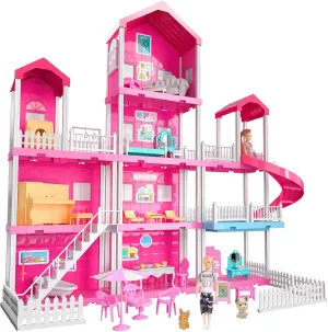 TEMI Villa Toy for 3 4 5 6 Year Old Girls - 4 Storeys 10 Rooms Villa Playset with 2 Doll Toy Figures, Accessories and Furniture, Toddler Home Pretend Kits Gifts for Kids Ages 3 Toys