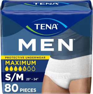 TENA Protective Adult Incontinence Underwear for Men, Maximum, Small/Medium, White, Disposable, 80 Count (New Size Update)