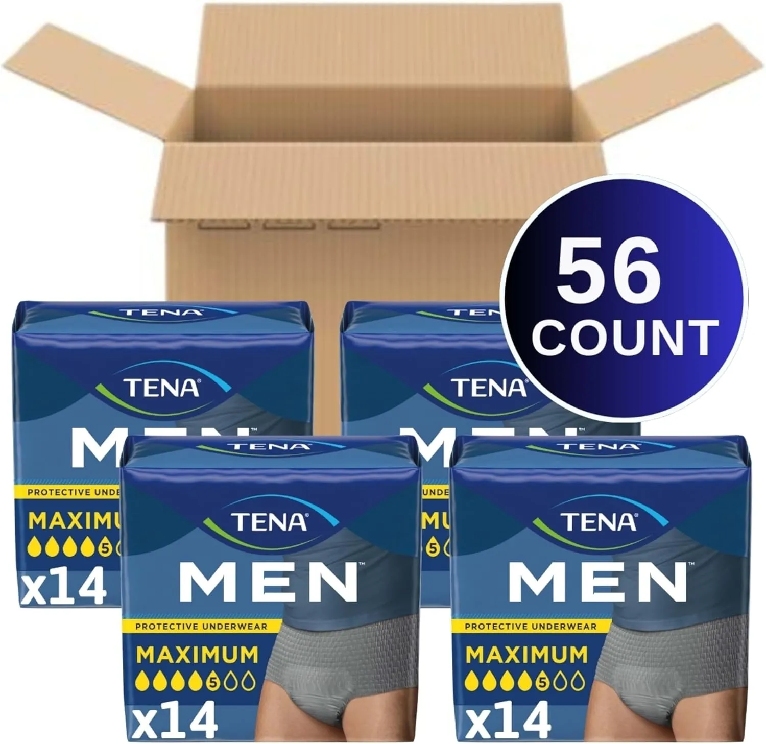 TENA Protective Adult Incontinence Underwear for Men, Maximum, XXLarge, Gray, Disposable, 56 Count (4 Packs of 14)