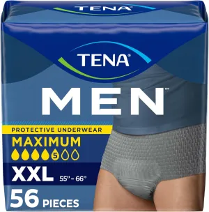 TENA Protective Adult Incontinence Underwear for Men, Maximum, XXLarge, Gray, Disposable, 56 Count (4 Packs of 14)