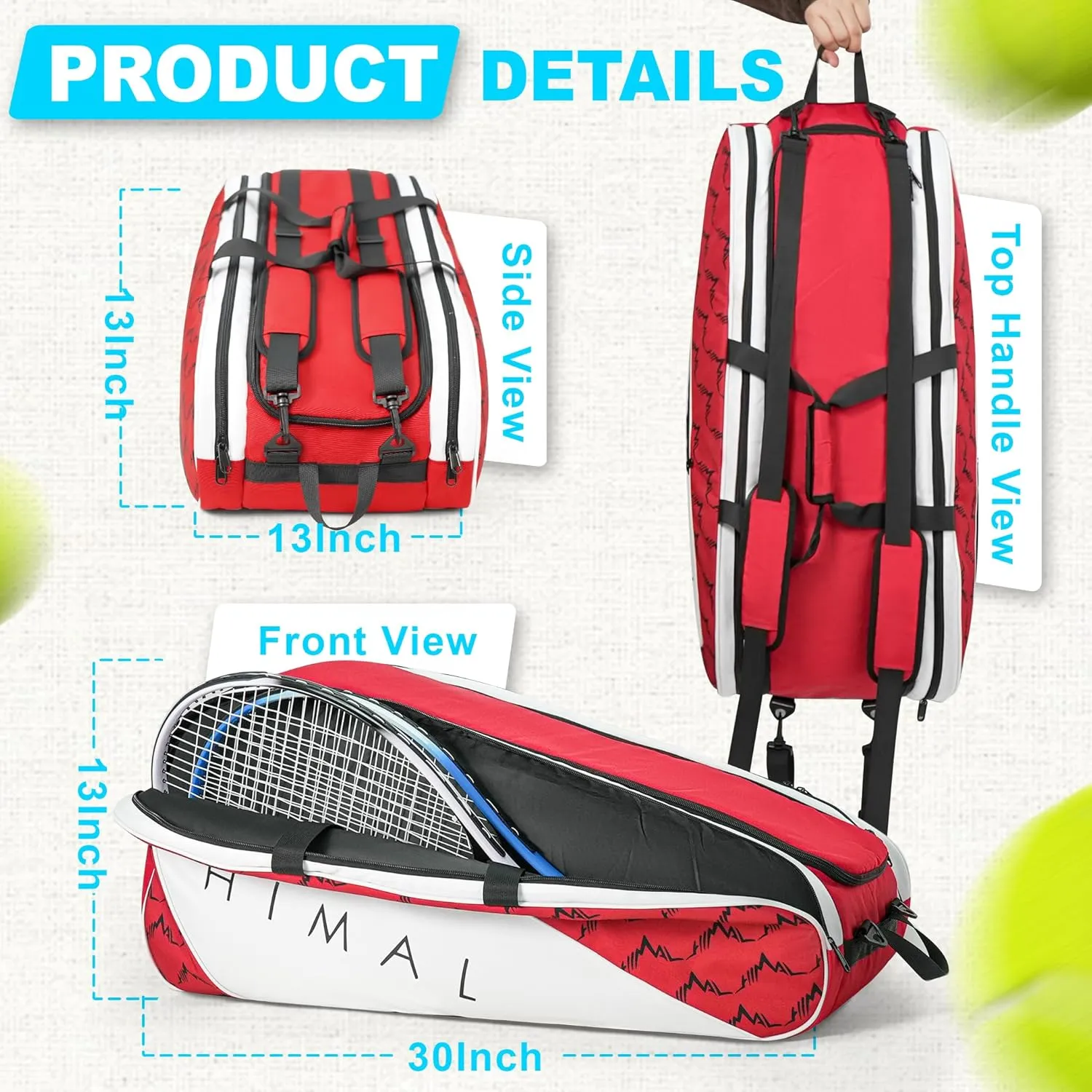 Tennis Bag 6 Rackets, Tennis Backpack Large Storage with Shoes Compartment, Cooler Pocket & Removeable Shoulder Strap, Multifunction Tennis Racket Bag for Sport Equipment