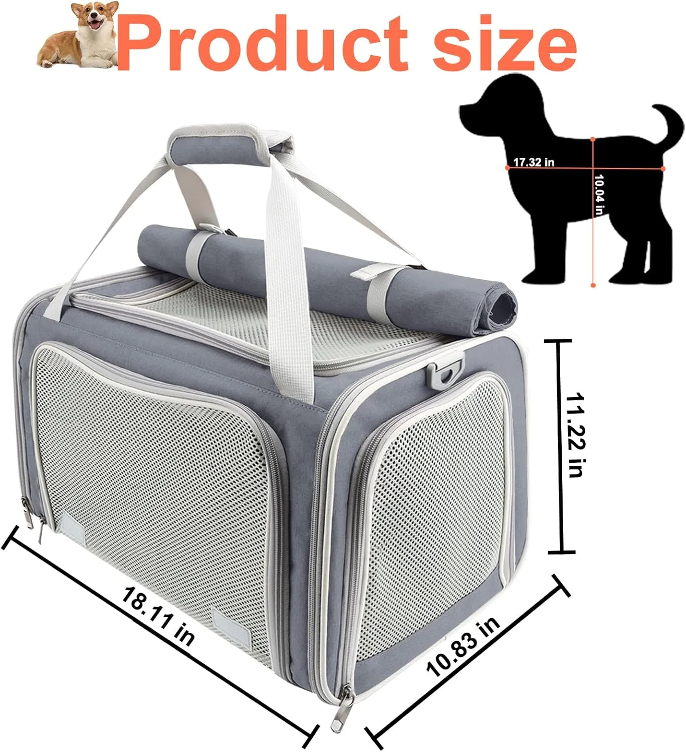 Texsens Pet Carrier - Soft Sided Cat Carrier for Small/Medium/Large Cats & Puppies Up to 16 lbs - Collapsible Cat Bag for Outdoor Travel - TSA Airline Approved with Privacy Protection (Grey)