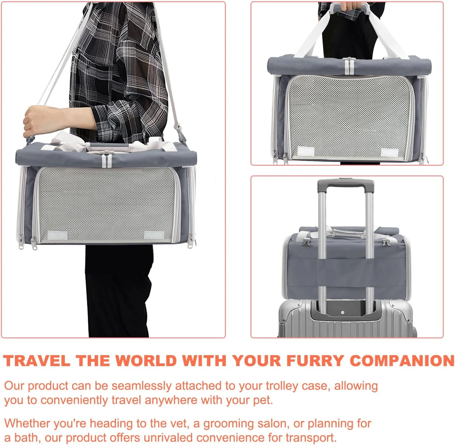 Texsens Pet Carrier - Soft Sided Cat Carrier for Small/Medium/Large Cats & Puppies Up to 16 lbs - Collapsible Cat Bag for Outdoor Travel - TSA Airline Approved with Privacy Protection (Grey)
