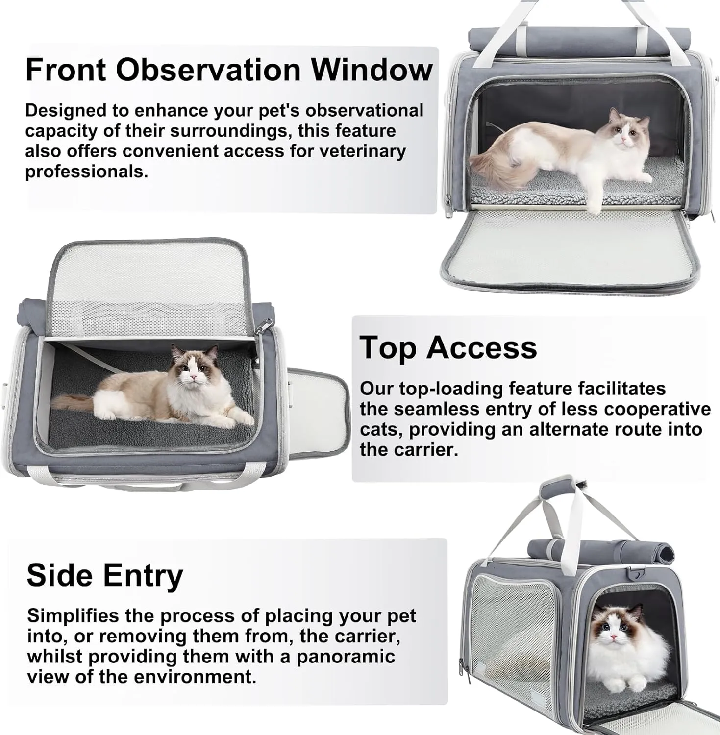 Texsens Pet Carrier - Soft Sided Cat Carrier for Small/Medium/Large Cats & Puppies Up to 16 lbs - Collapsible Cat Bag for Outdoor Travel - TSA Airline Approved with Privacy Protection (Grey)
