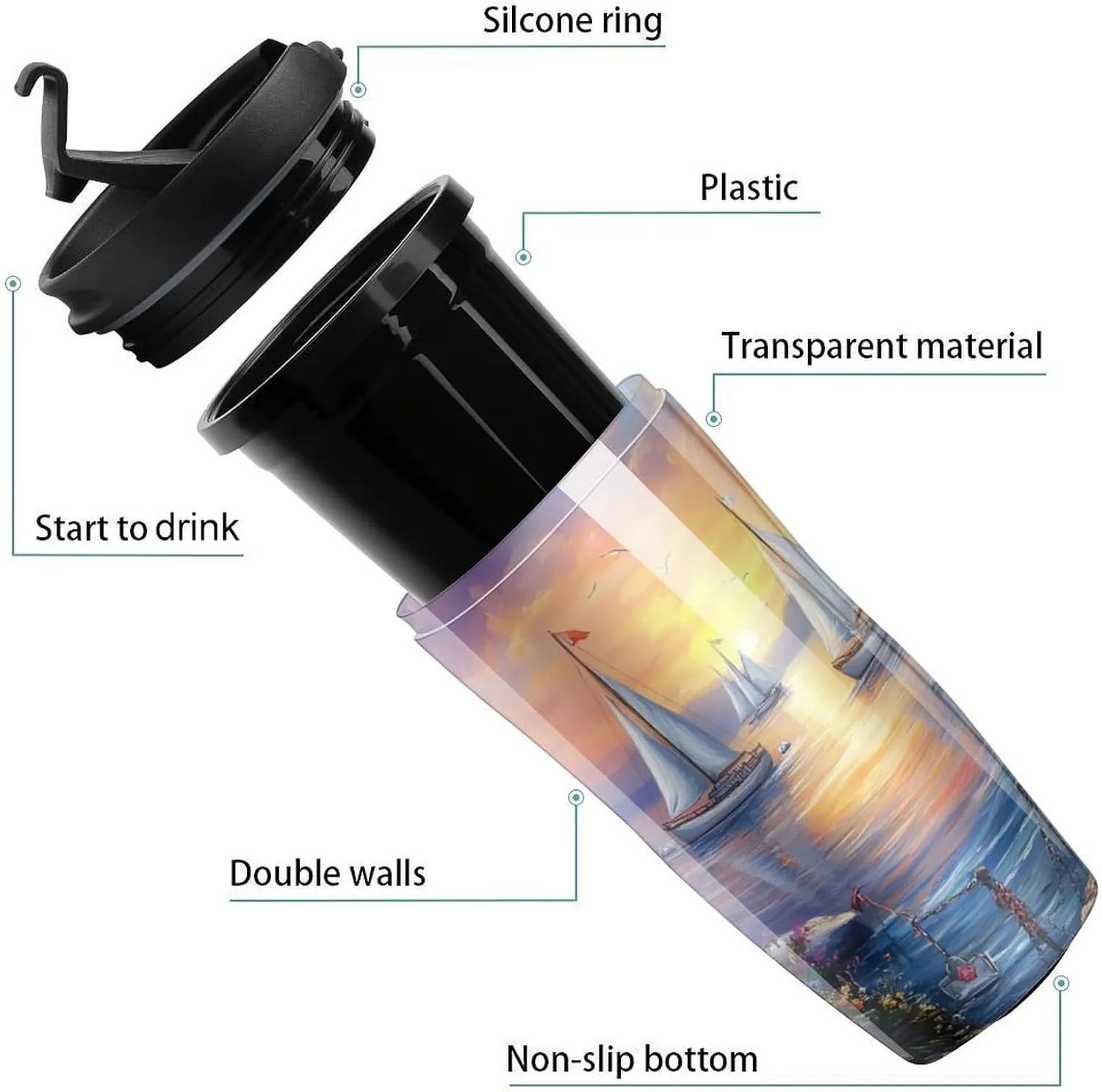 The Mediterranean Harbour Coffee Mug with Lid Portable Tumbler Water Bottle for Travel Business 350ml
