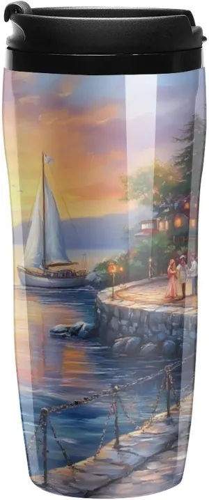 The Mediterranean Harbour Coffee Mug with Lid Portable Tumbler Water Bottle for Travel Business 350ml