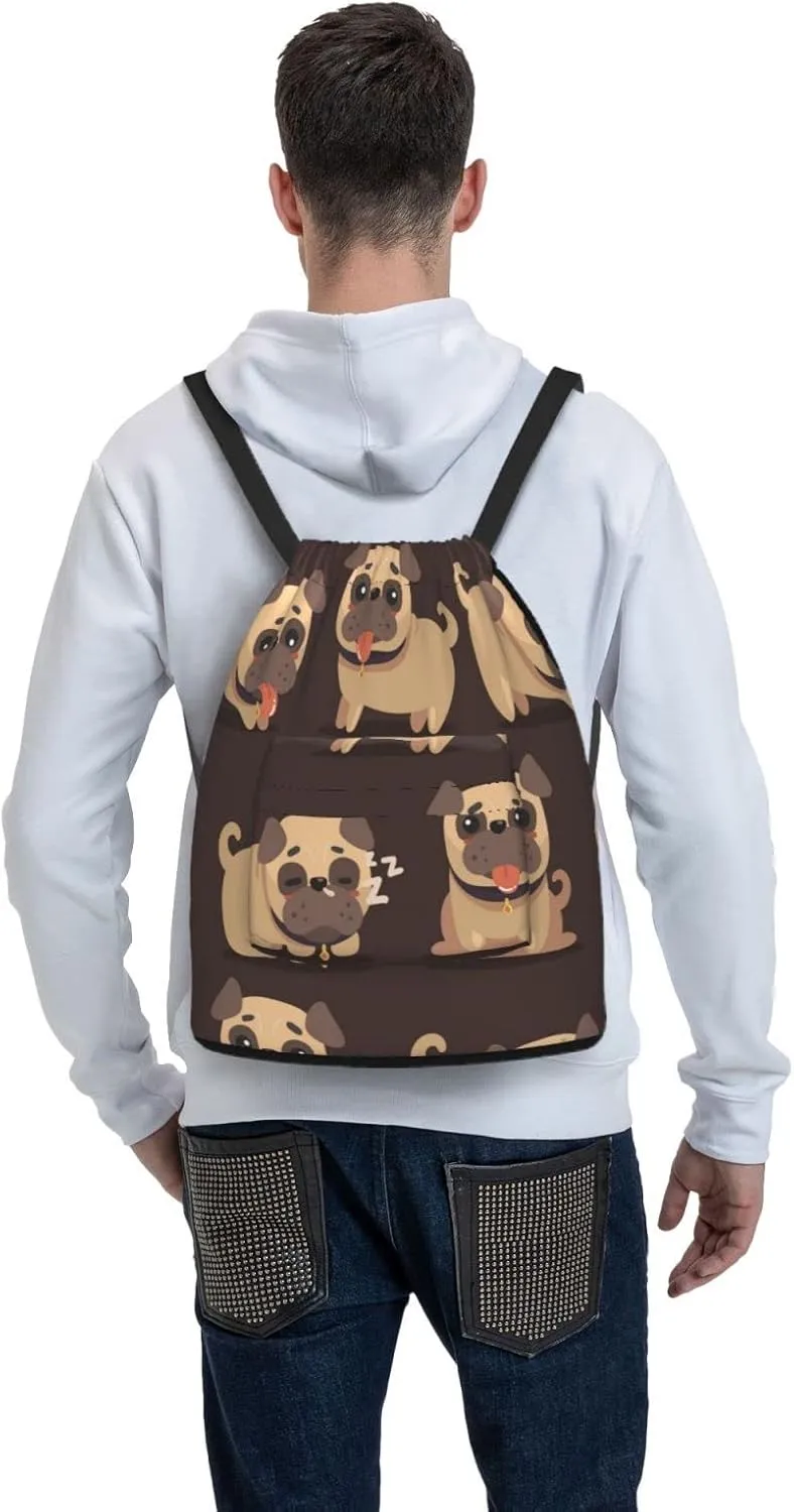 The New Drawstring Backpack Cartoon Brown Pug Dog Gym String Bag Sport Sack Storage Bag Beach Knapsack