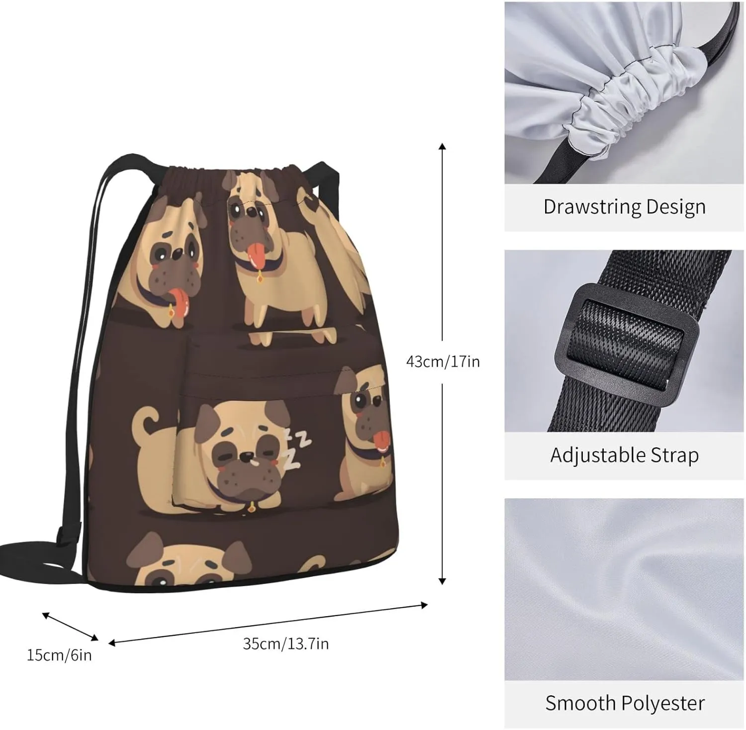 The New Drawstring Backpack Cartoon Brown Pug Dog Gym String Bag Sport Sack Storage Bag Beach Knapsack