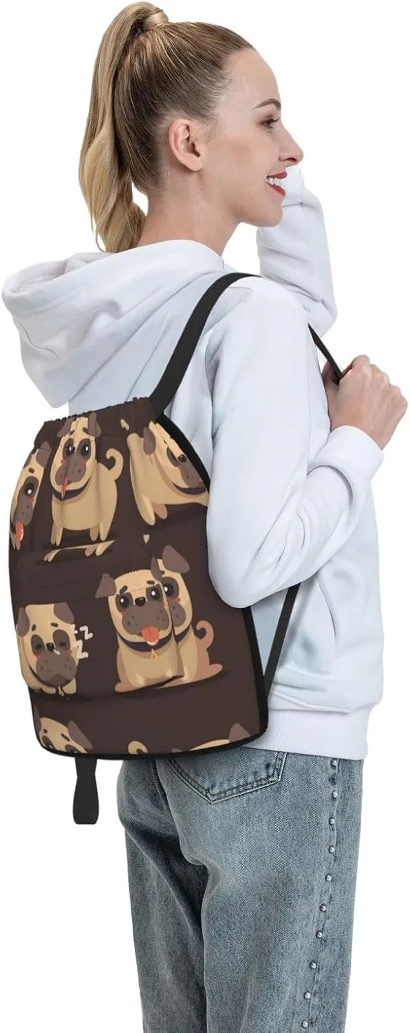 The New Drawstring Backpack Cartoon Brown Pug Dog Gym String Bag Sport Sack Storage Bag Beach Knapsack