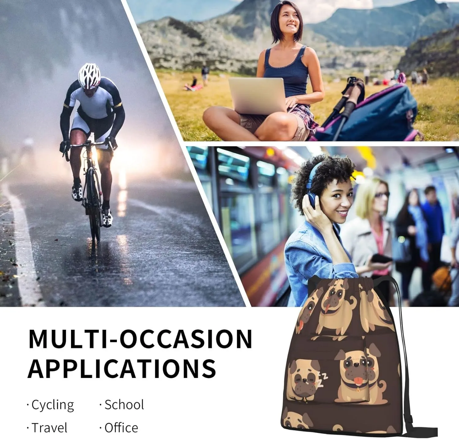 The New Drawstring Backpack Cartoon Brown Pug Dog Gym String Bag Sport Sack Storage Bag Beach Knapsack