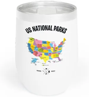 The Next 62 National Parks Map Gifts US Park Camping Hiking Chill Wine Tumbler Men Women (12 OZ, White)