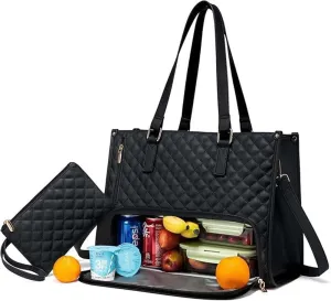The Ultimate 2 in 1 Tote Bag Lunch Bag Combo, Large Tote Bag with Lunch Compartment for Women, Convertible Laptop Bag Work Bag Handbag for Business, Office (Black)