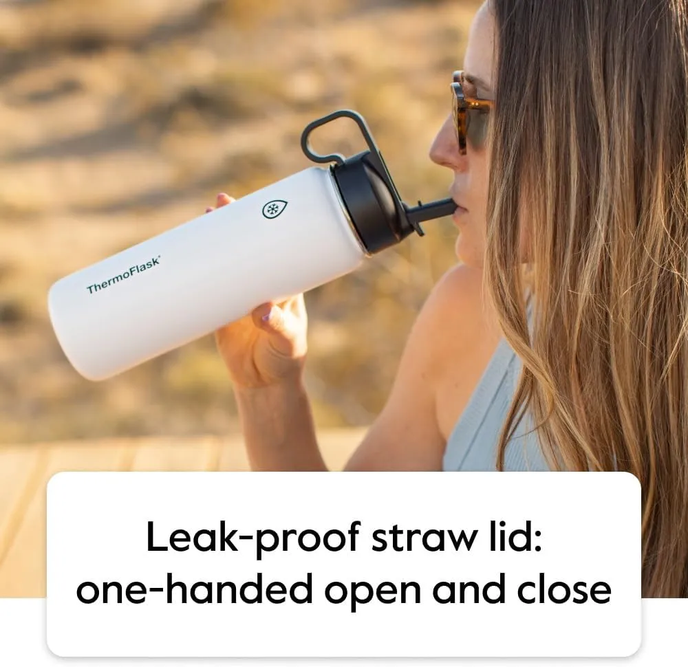 ThermoFlask Bottle with Chug Lid & Straw Lid - Insulated Stainless Steel Water Bottle with Leak-Proof Lids - Dishwasher-Safe Reusable Bottle & Lids - Durable Bottle, 2 Straws & 2 Lids - 18 oz, Black