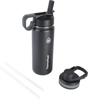 ThermoFlask Bottle with Chug Lid & Straw Lid - Insulated Stainless Steel Water Bottle with Leak-Proof Lids - Dishwasher-Safe Reusable Bottle & Lids - Durable Bottle, 2 Straws & 2 Lids - 18 oz, Black
