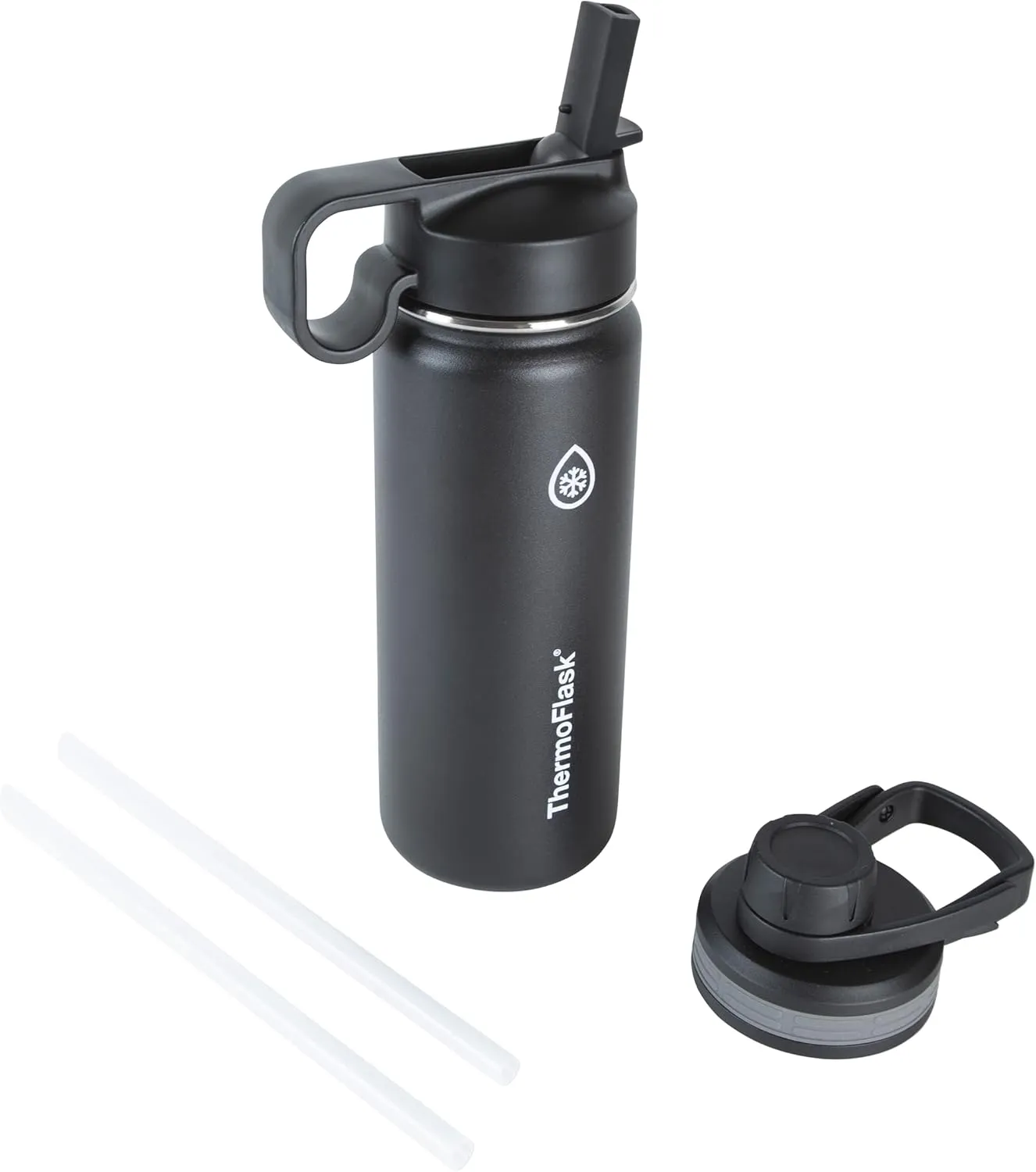 ThermoFlask Bottle with Chug Lid & Straw Lid - Insulated Stainless Steel Water Bottle with Leak-Proof Lids - Dishwasher-Safe Reusable Bottle & Lids - Durable Bottle, 2 Straws & 2 Lids - 18 oz, Black