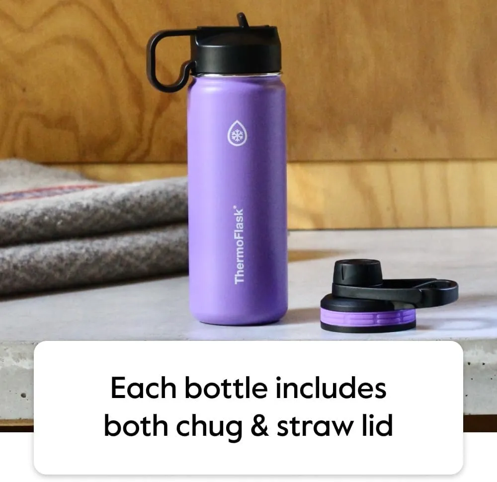 ThermoFlask Bottle with Chug Lid & Straw Lid - Insulated Stainless Steel Water Bottle with Leak-Proof Lids - Dishwasher-Safe Reusable Bottle & Lids - Durable Bottle, 2 Straws & 2 Lids - 18 oz, Black
