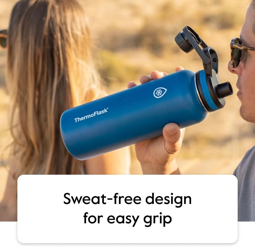 ThermoFlask Bottle with Chug Lid & Straw Lid - Insulated Stainless Steel Water Bottle with Leak-Proof Lids - Dishwasher-Safe Reusable Bottle & Lids - Durable Bottle, 2 Straws & 2 Lids - 18 oz, Black