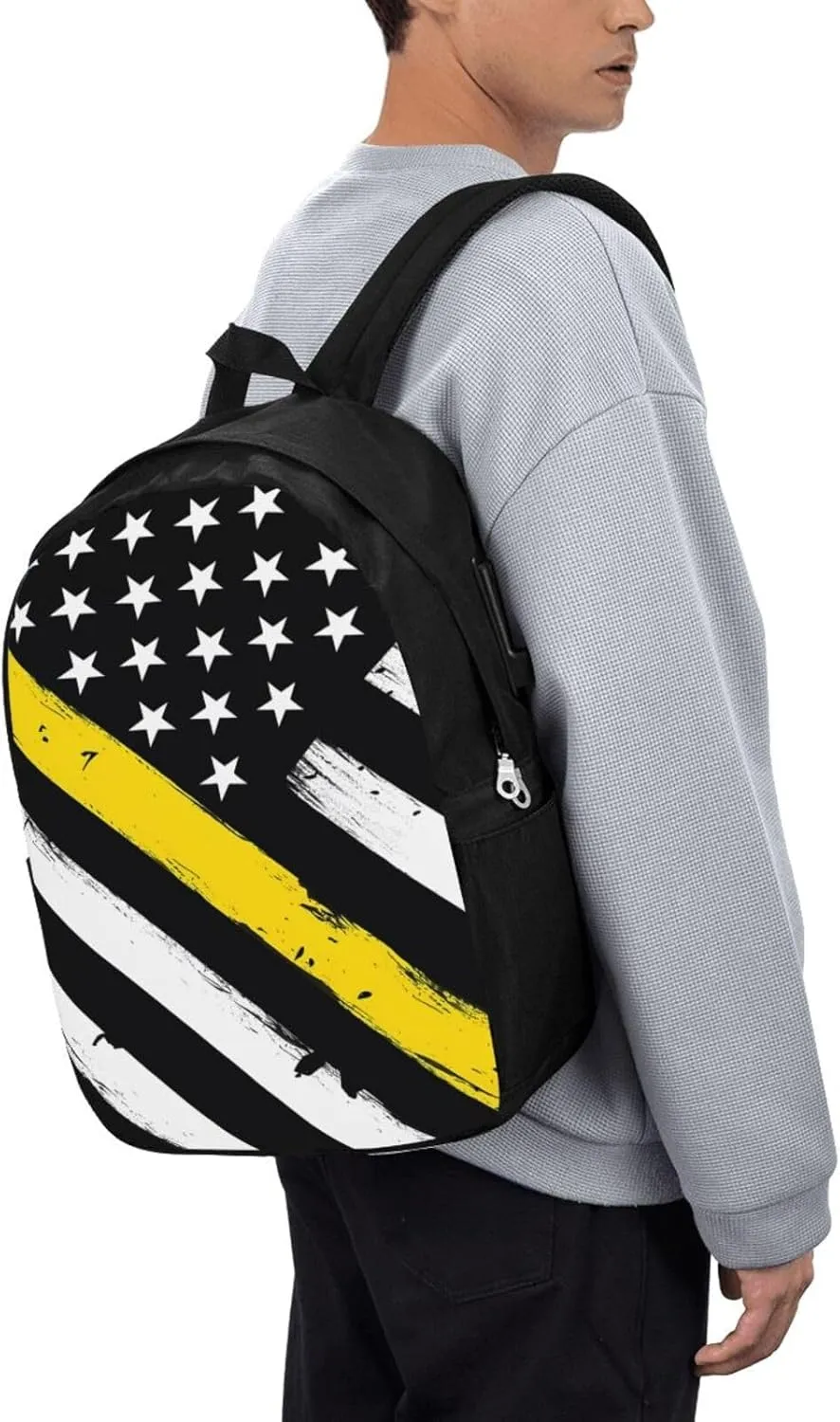 Thin Gold Line American Flag 911 Dispatchers Backpack 17 Inch Laptop Backpacks Outdoor Travel Rucksack Work Business Daypack with USB Port Carry On Bag for Cycling Hiking