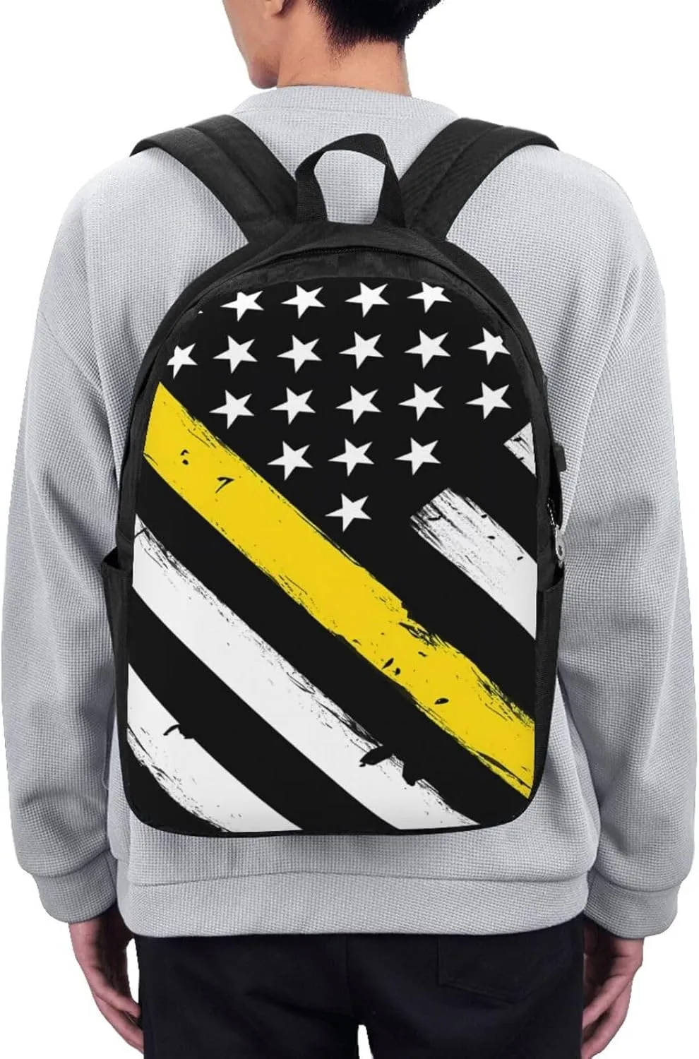 Thin Gold Line American Flag 911 Dispatchers Backpack 17 Inch Laptop Backpacks Outdoor Travel Rucksack Work Business Daypack with USB Port Carry On Bag for Cycling Hiking
