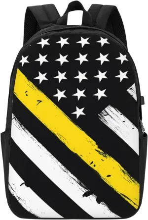 Thin Gold Line American Flag 911 Dispatchers Backpack 17 Inch Laptop Backpacks Outdoor Travel Rucksack Work Business Daypack with USB Port Carry On Bag for Cycling Hiking