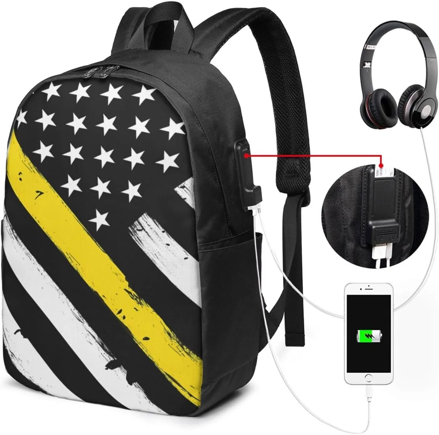 Thin Gold Line American Flag 911 Dispatchers Backpack 17 Inch Laptop Backpacks Outdoor Travel Rucksack Work Business Daypack with USB Port Carry On Bag for Cycling Hiking