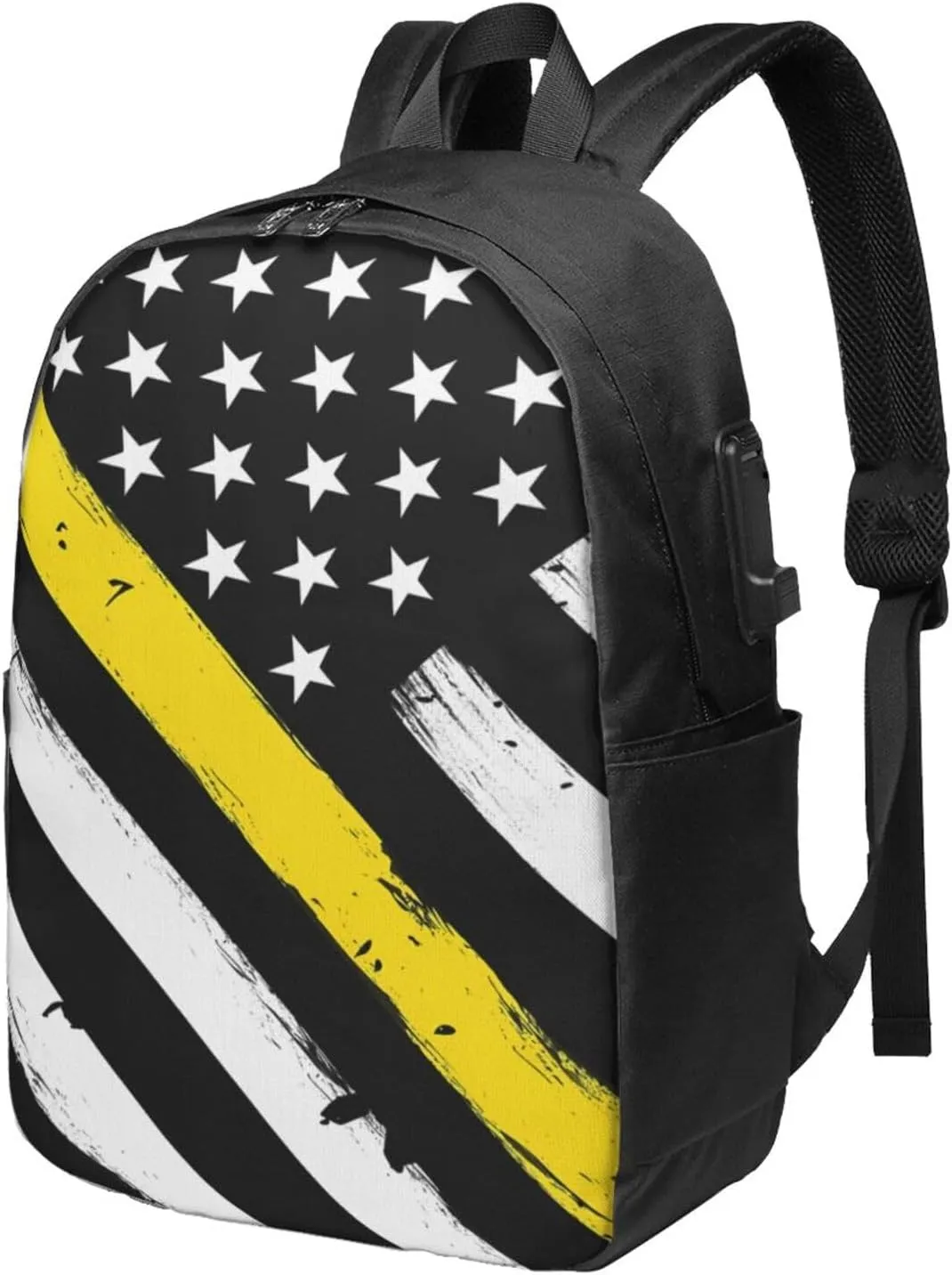 Thin Gold Line American Flag 911 Dispatchers Backpack 17 Inch Laptop Backpacks Outdoor Travel Rucksack Work Business Daypack with USB Port Carry On Bag for Cycling Hiking