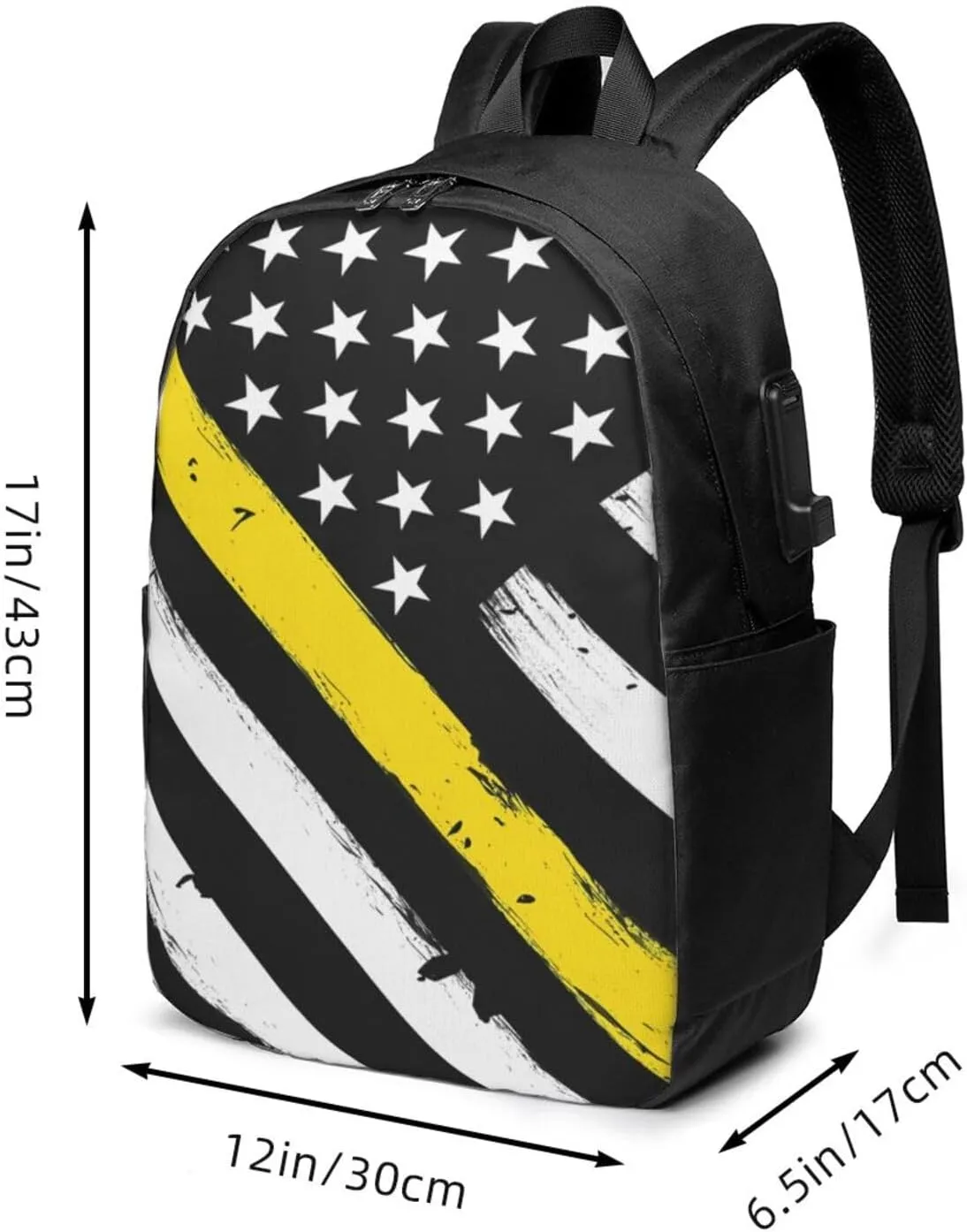 Thin Gold Line American Flag 911 Dispatchers Backpack 17 Inch Laptop Backpacks Outdoor Travel Rucksack Work Business Daypack with USB Port Carry On Bag for Cycling Hiking