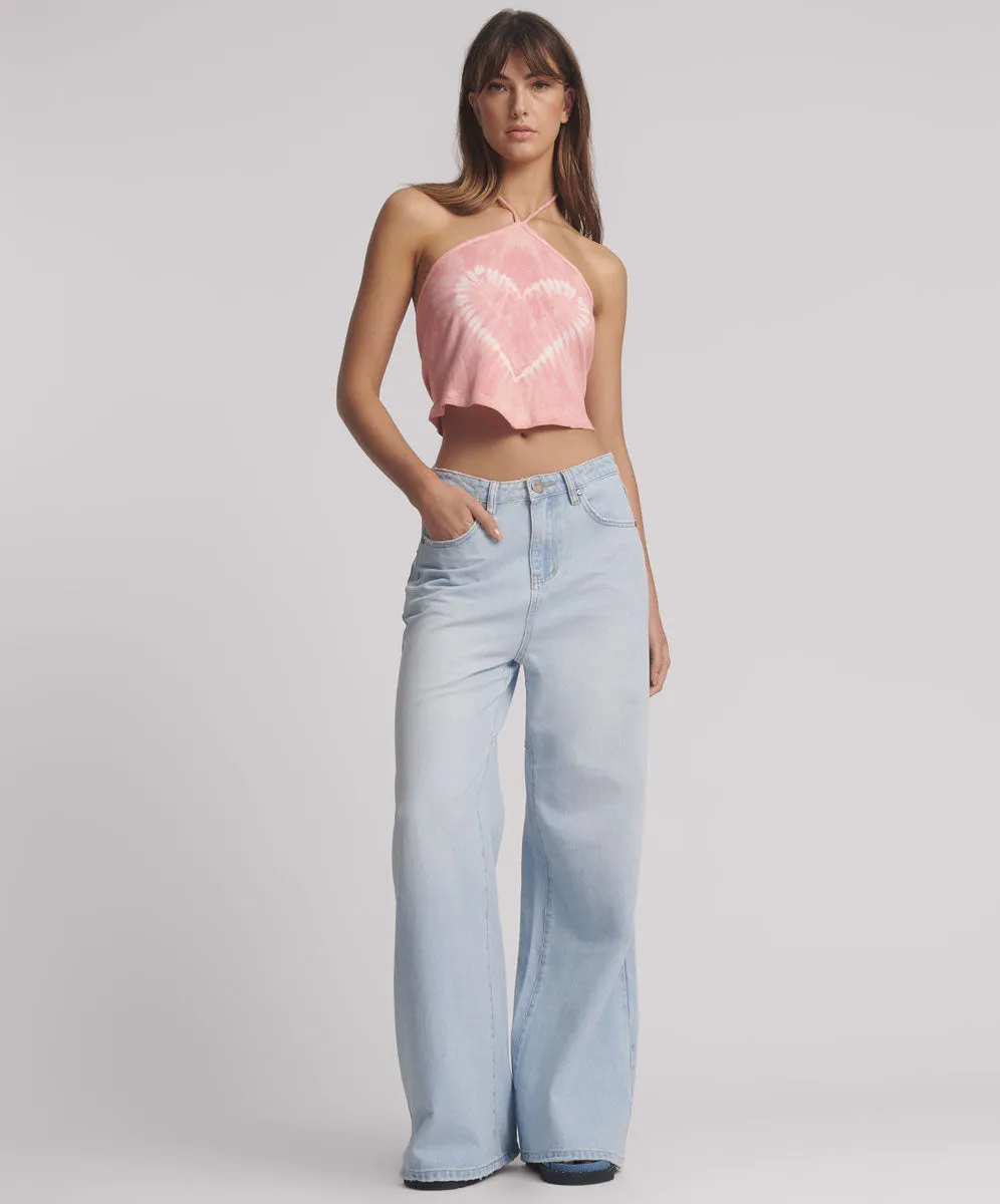 Tie Dye Heart Cropped Halter Neck Top - Pink