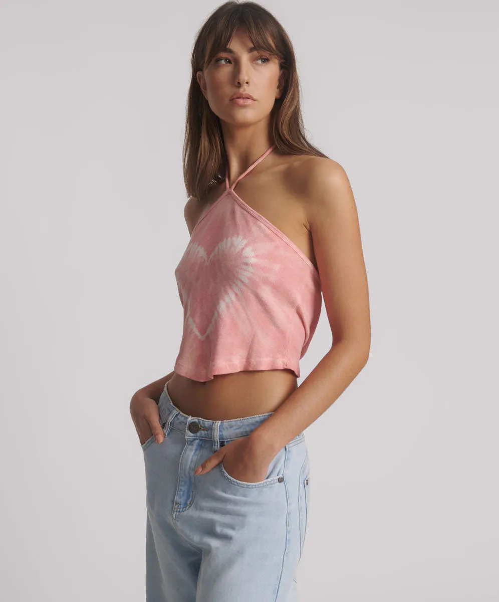 Tie Dye Heart Cropped Halter Neck Top - Pink